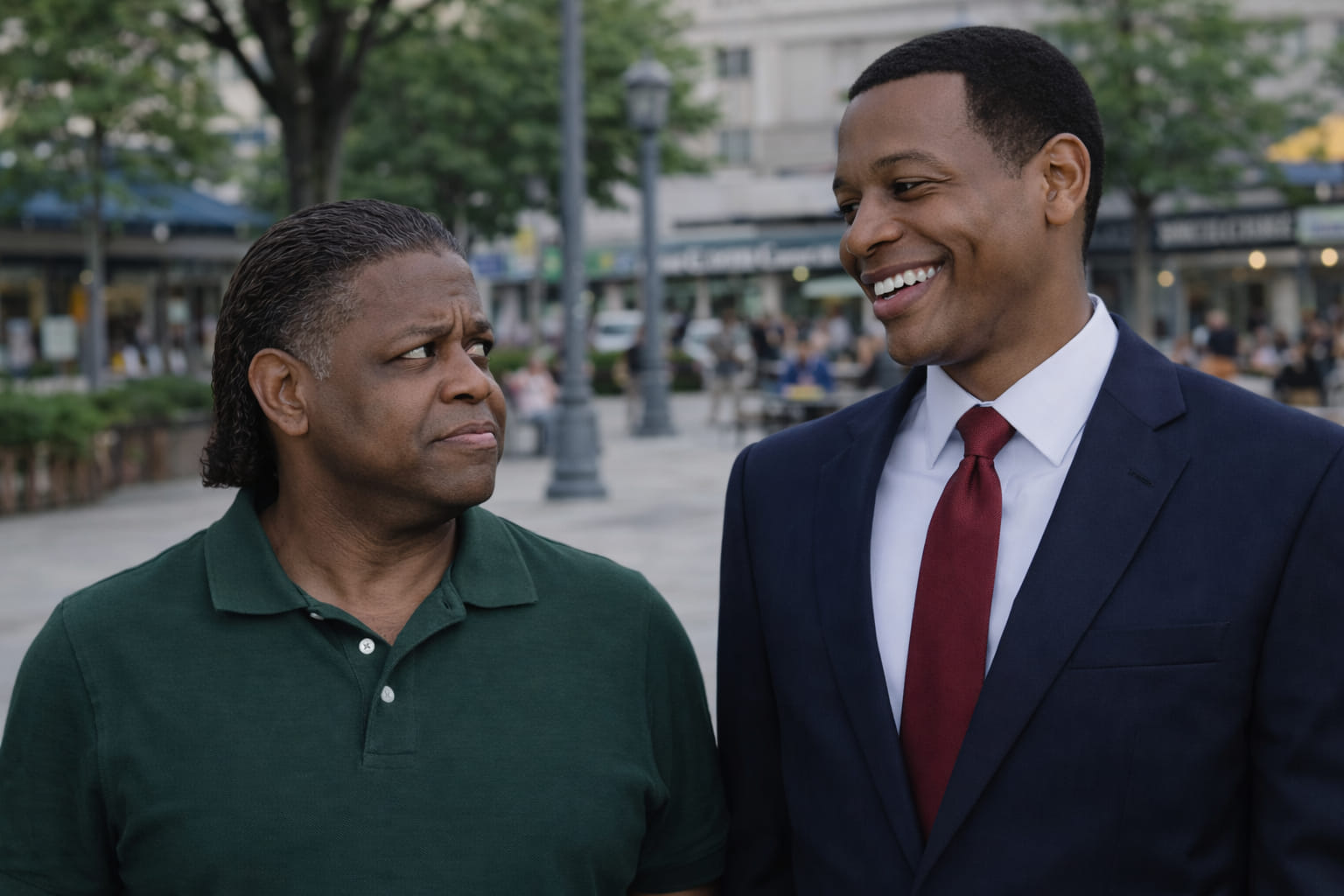 Two men sharing a broad laugh outdoors, one in a suit and one in a dark polo shirt.