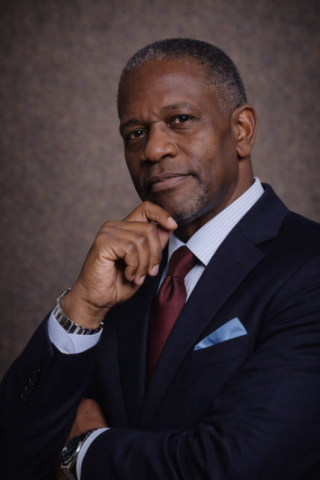 Formal portrait of an older man in a navy suit and gold tie.