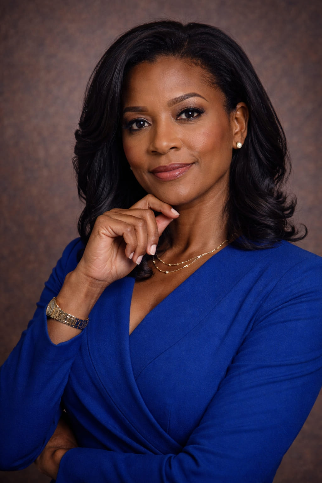 Portrait of a woman in a light blue dress standing with hands folded.
