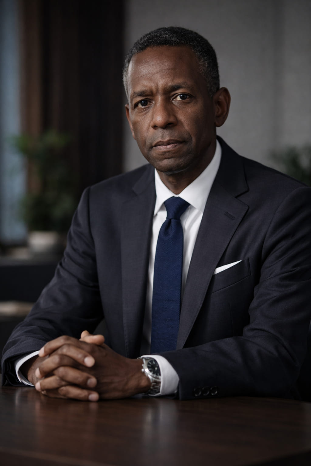 Formal portrait of a man with glasses in a dark suit and red tie.